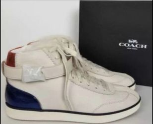 COACH C213 Shearling Women's Chalk Leather High Top Lace Up Sneaker w/Red & Blue