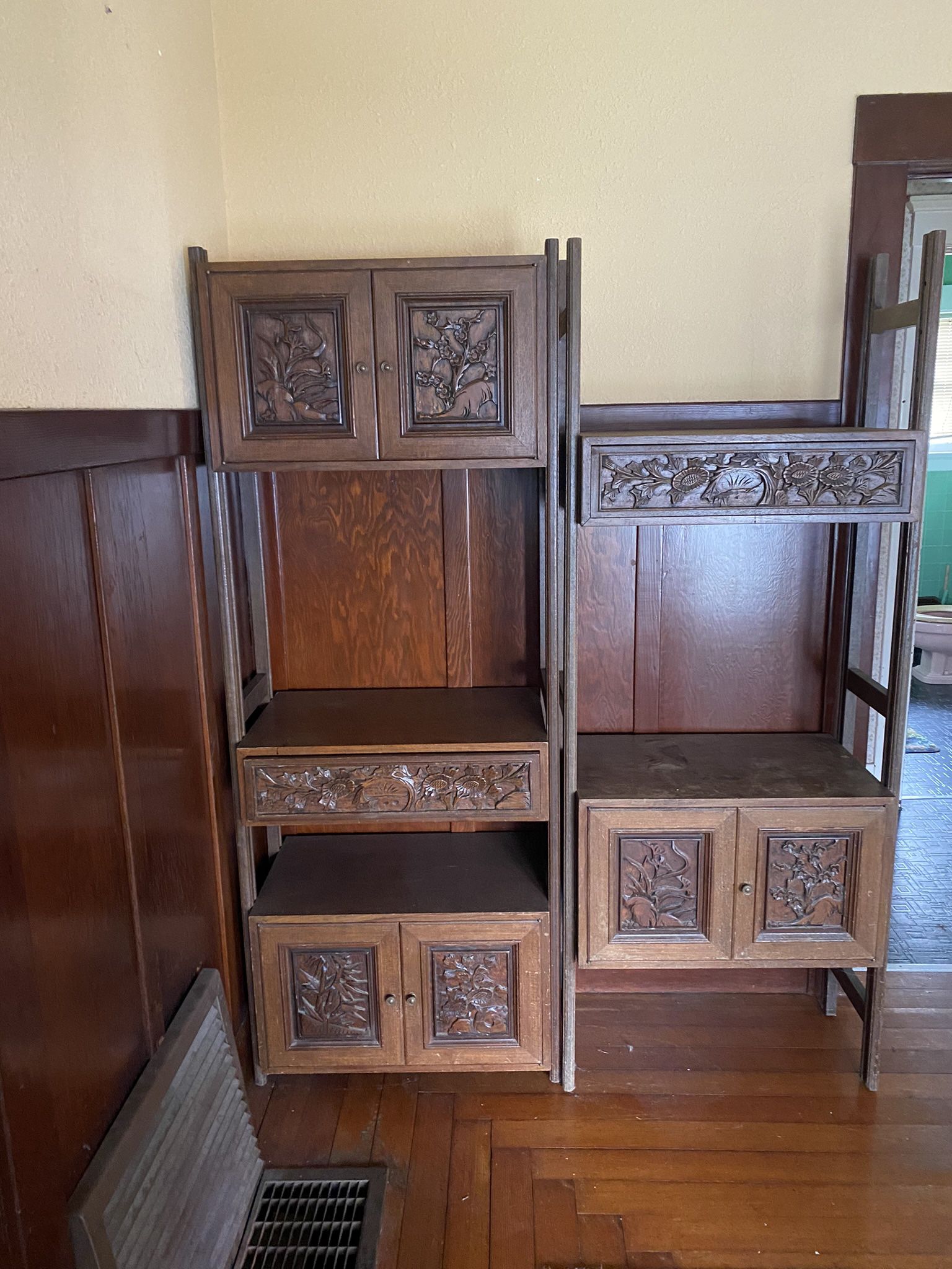 3 Piece Set Asian hand  carved teak cupboards And Shelfs