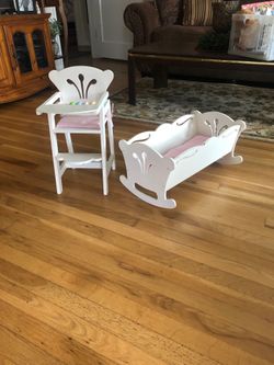 Doll High Chair & Cradle w/Bedding Set