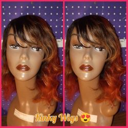 12" Virgin Ombre Copper Red Side Bang Glueless 100% Human Hair Wig 