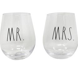 Mr. & Mrs. Wedding Set of 2 Stemless Wine Glasses 