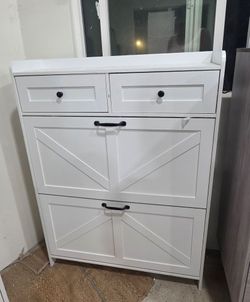 New Contemporary Shoe Storage Cabinet for Entryway, White Narrow with 2 Flip Drawers