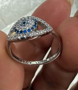 Silver-Tone Blue & Clear Crystal Eye Engraved Pavé Ring Size 7