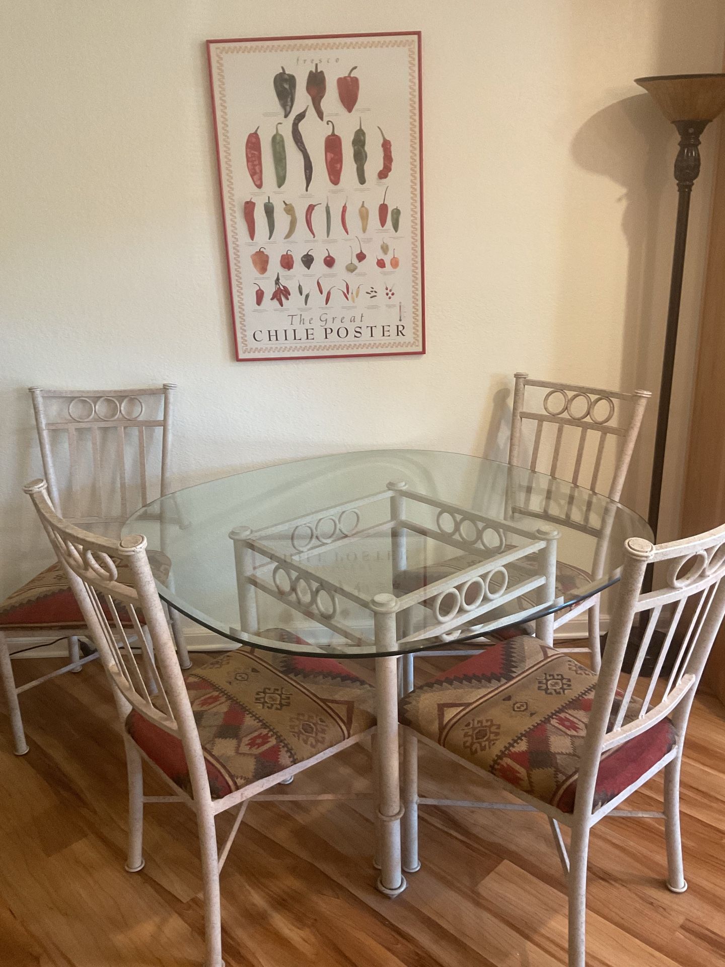 Round Glass Top Table and 4 Chairs 48”