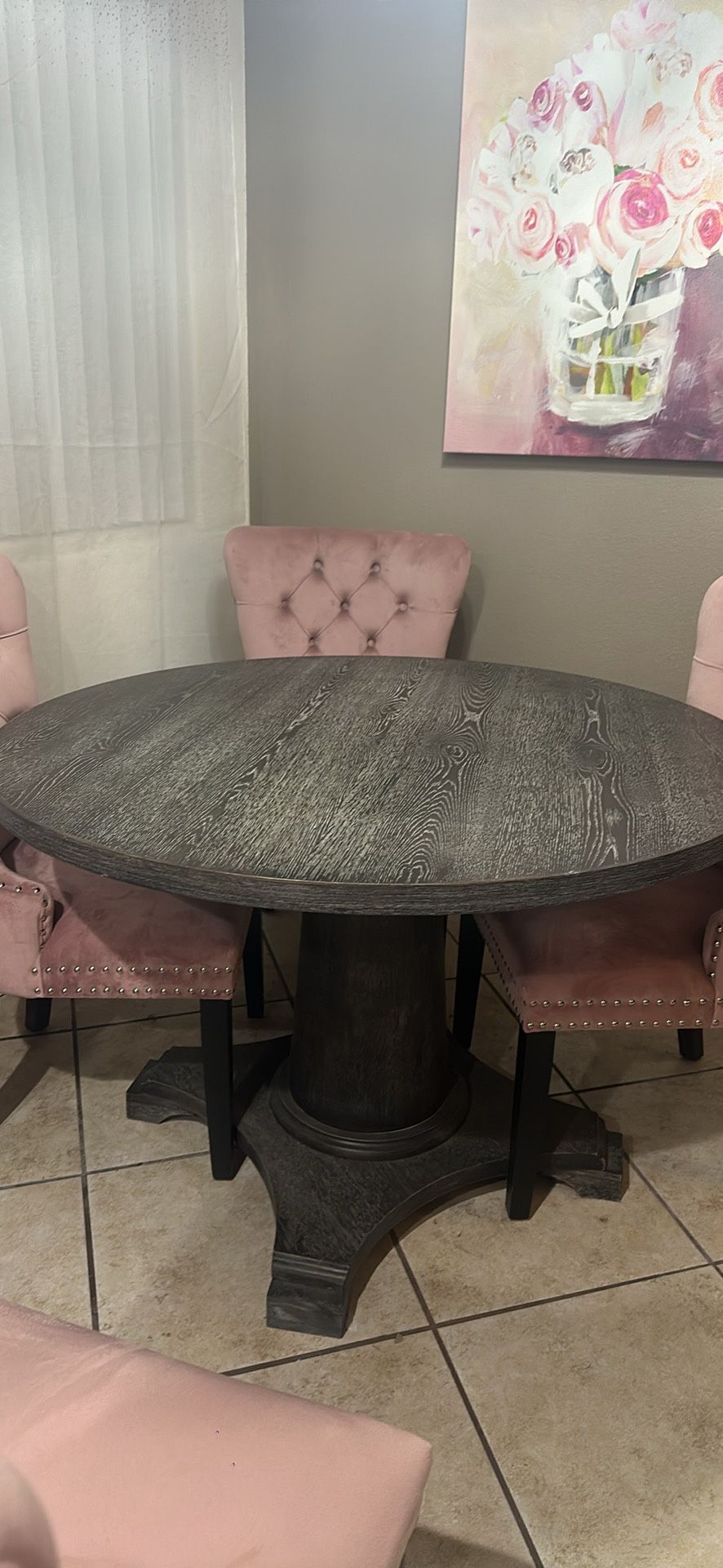 Dining Set 4 Chairs Round Table Gray Pink Studded Velvet Tufted 