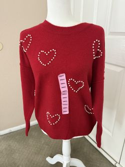 Vince Camuto Valentine Ultra Soft Cozy Relaxed Fit Red Sweater Heart Pearls