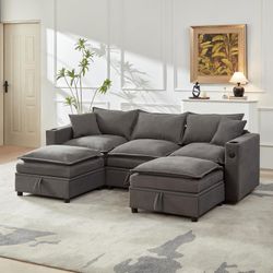 92" Cloud Sectional Sofa with Storage Ottoman, Chenille L Shaped Couch for Living Room,Gray