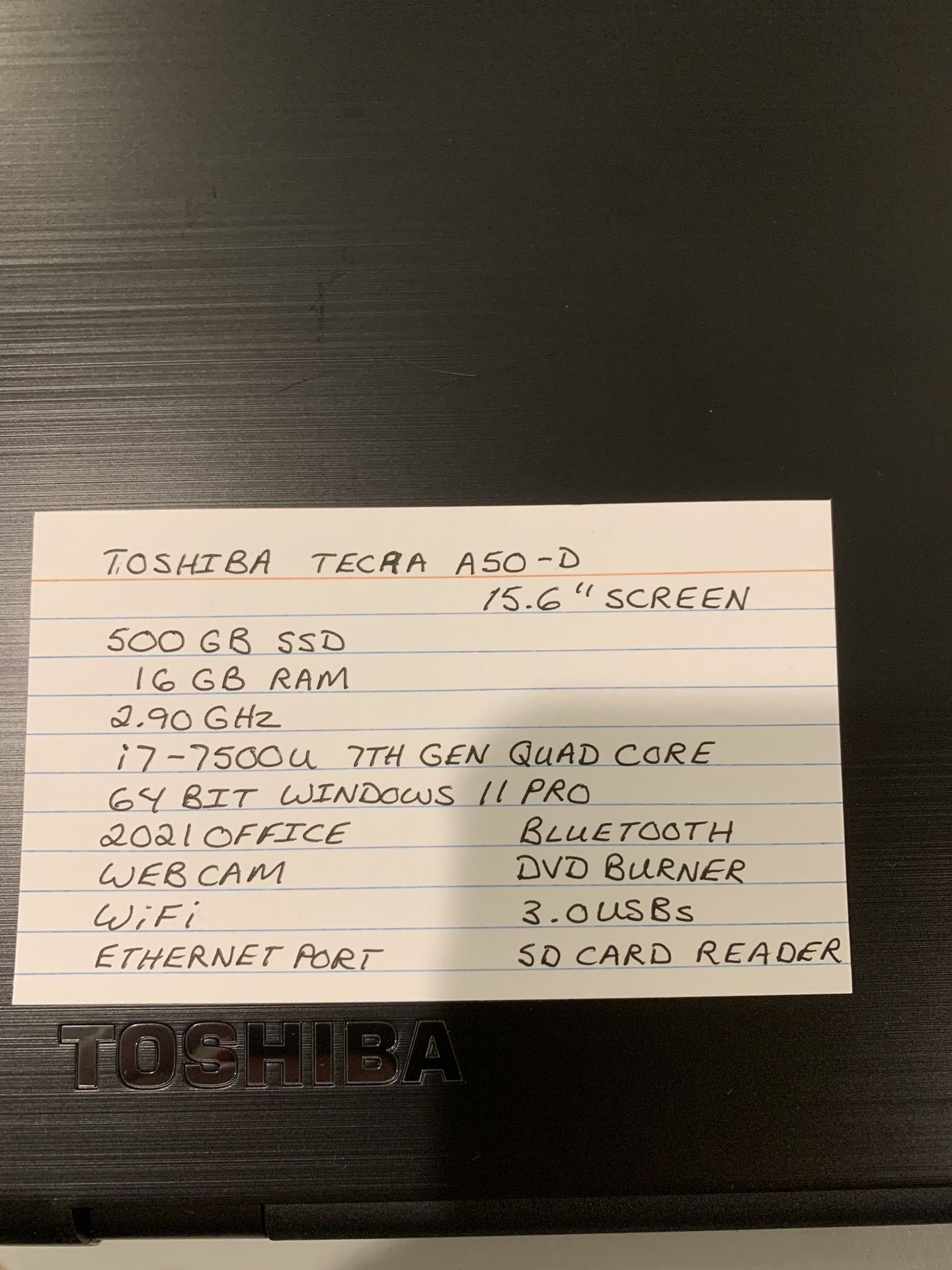 Toshiba i7 7th Gen with 500 GB SSD, Bluetooth, 16GB Ram and Windows 11