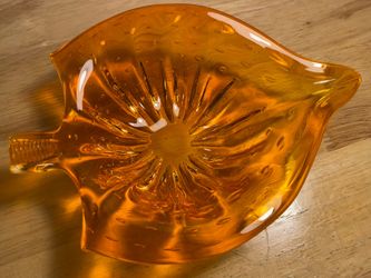 Vintage Vibrant Orange Glass Controlled Bubbles Murano Style Fish or Leaf Shaped Ashtray Trinket Dish