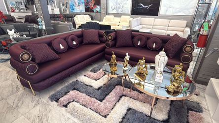 Burgundy Velvet Sectional Sofa with Gold Accents