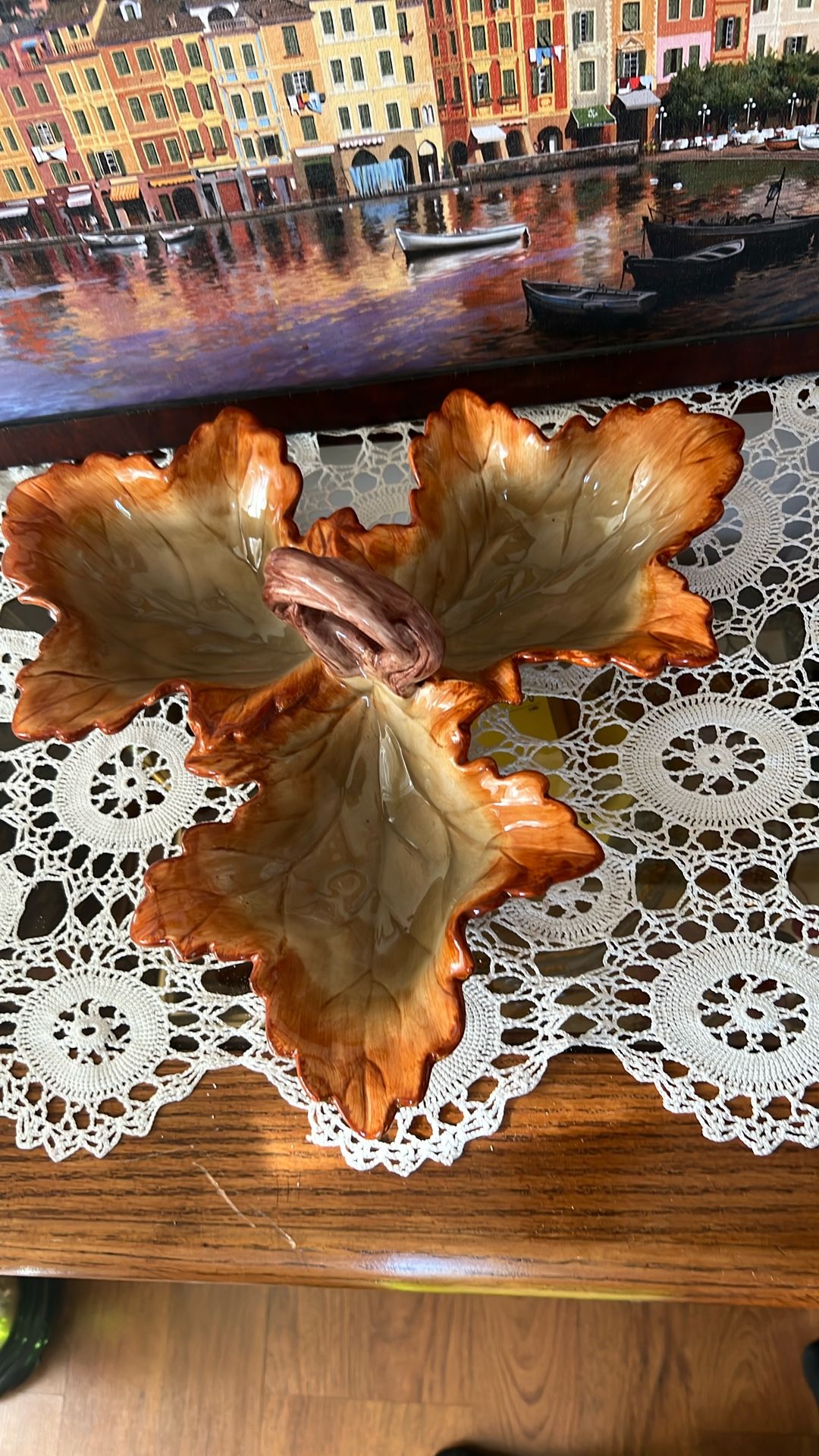Vintage Three Orange & Brown Leaf Dish With Handle 13.5”x13.5x5.5” - NEW