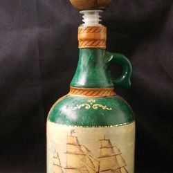 Italian Fausto Conturi Green Leather Wrapped Glass Decanter Sailing Ship

