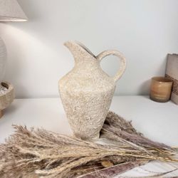 Decorative Textured Hand-painted Pitcher Vase Cream Sand wash 12"