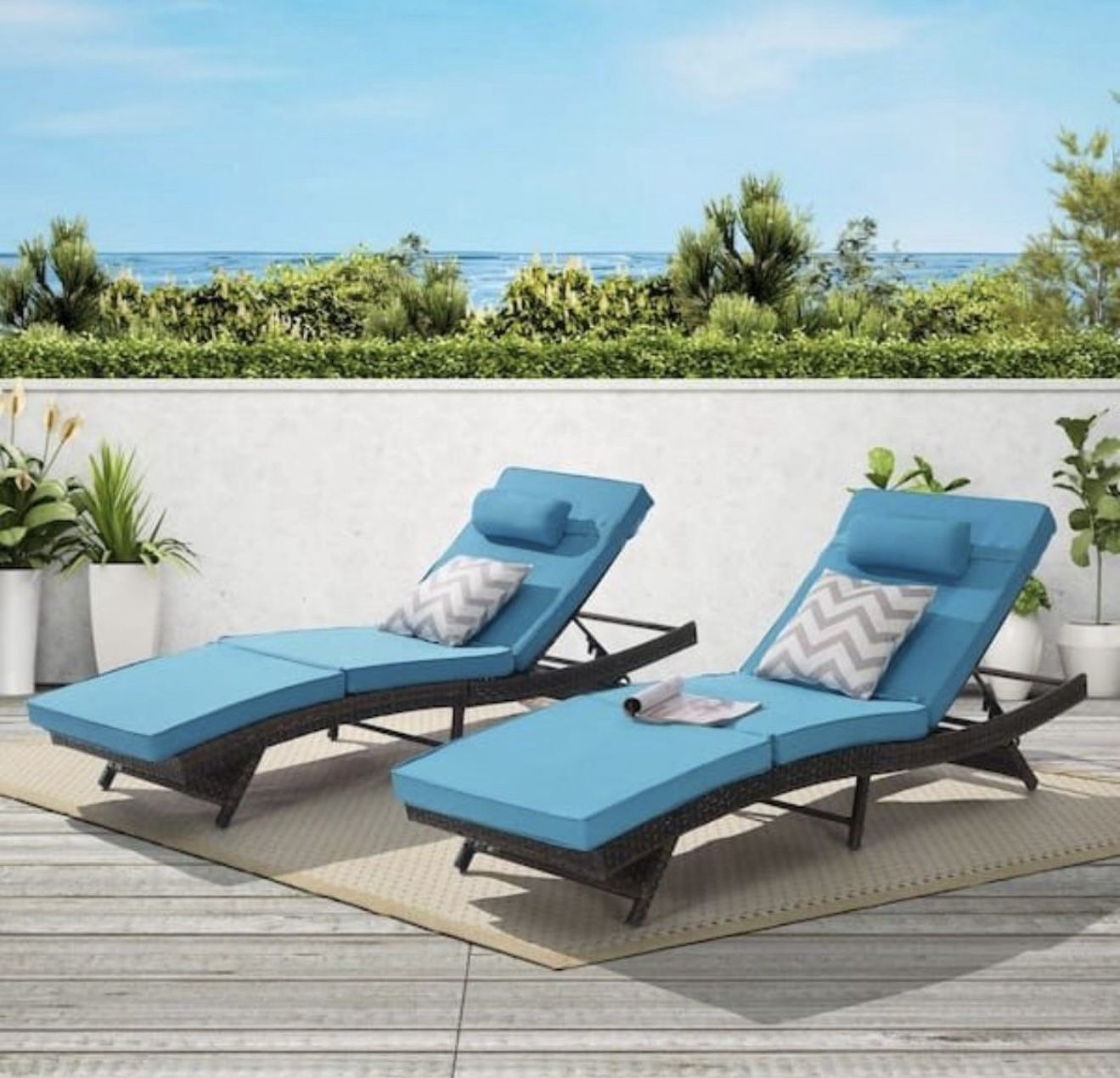 NEW Light Blue Wicker Outdoor Lounge Chair with Light Blue Cushions Recliner up to 150° Beach Poolside Garden (Set Of Two)