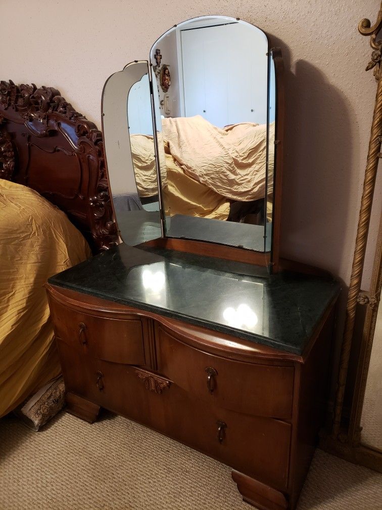 Antique LAWRENCIA FURNITURE ART DECO 1920S-1930S Wooden Vanity Dresser Mirror With MARBLE Top