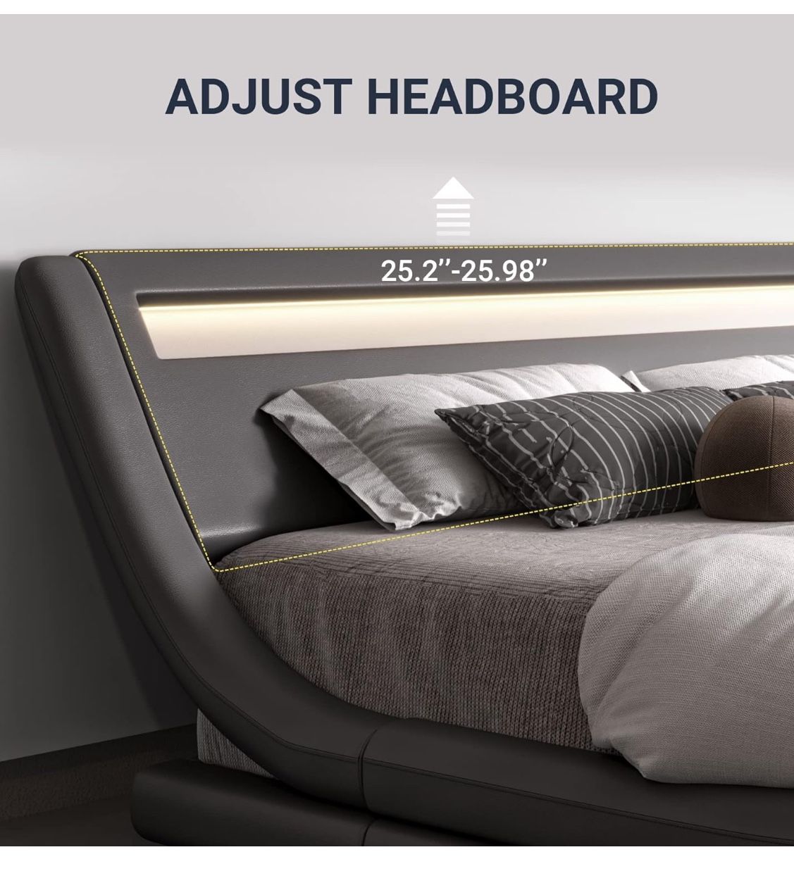 Allewie KING Size LED Platform Bed Frame with Adjustable Headboard/No Box Spring Need/Easy Assembly/Faux Leather in Grey