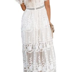 Womens White Boho Maxi Dress Medium 