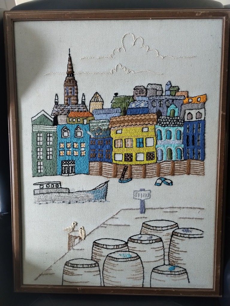 Vintage Crewel Art Embroidery Medieval Cityscape Boat Canal Venice