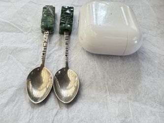 Vintage Mexico Sterling Silver 925 Souvenir Spoons with Hand-Carved Jade/ Stone Handles – Set of 2