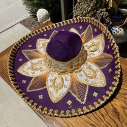 VINTAGE  PIGALLE  MEXICO  MARIACHI SOMBRERO 24” ROYAL PURPLE VELVET W/ GOLD