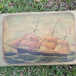 vintage ship lithograph on wood
