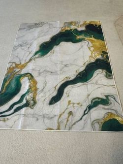 New 5’x7’ Area Rug Floor Marble Swirl Modern Emerald Green Grey Gold
