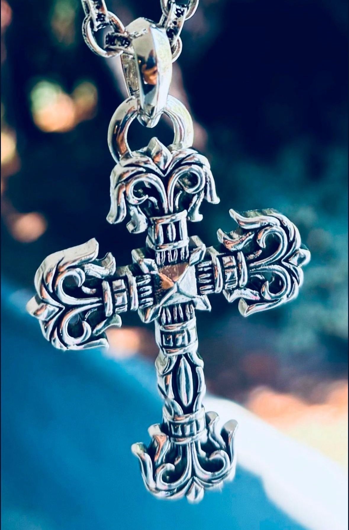 Chrome Hearts Style Filigree Cross Sterling 1991 Pendant (1.5” X 1.25”) with a 24” Steel Silver Necklace