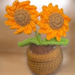 Unique Double Sunflower Pot Handmade Crochet Cute Gift Amigurumi Decoration