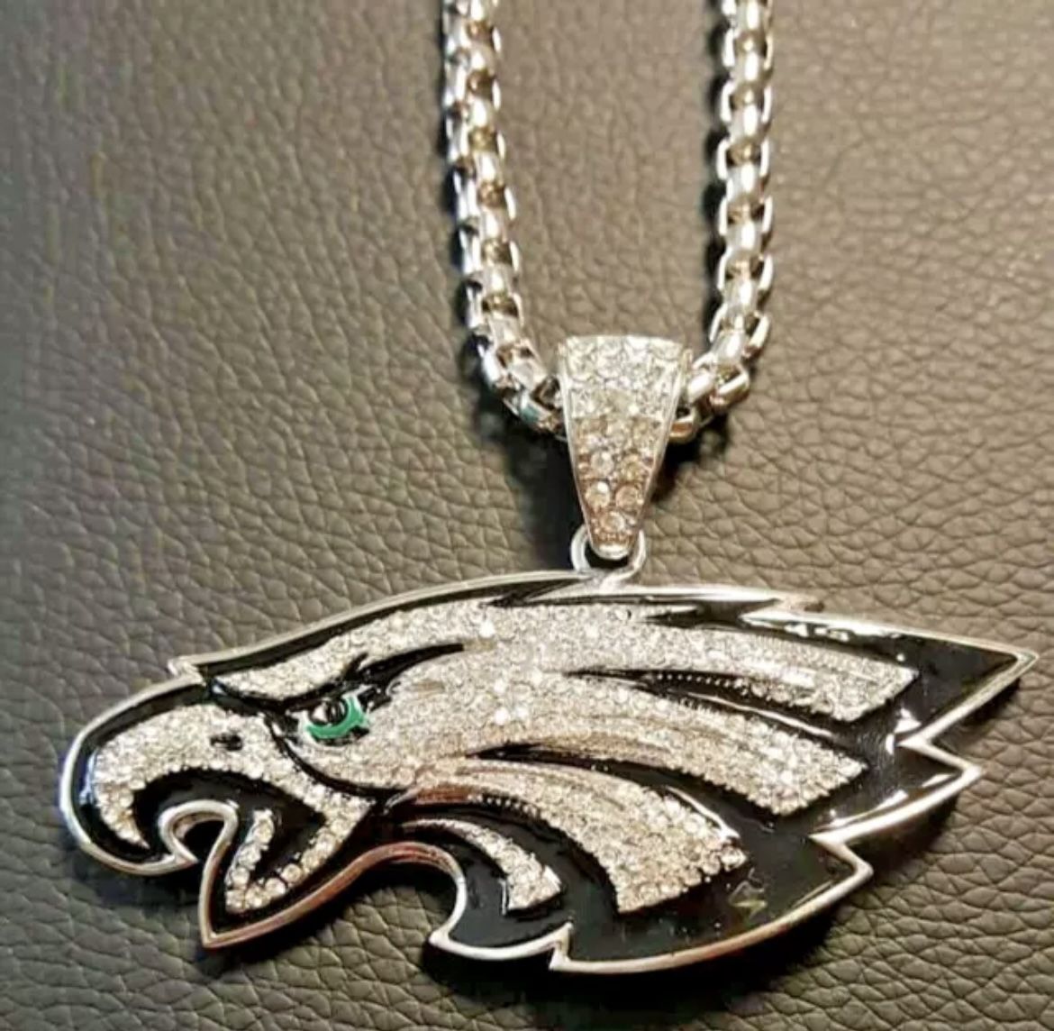 New Philadelphia Eagles Super Bowl Iced Out Silver Diamond CZ 3 Inch Brass NFL Football Logo Pendant with 24 Inch Chain