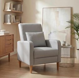 Mid-Century Modern Upholstered Accent Chair with Back Pillow & Solid Wood Legs, Leather Cozy Armchair for Living Room, Bedroom, Reading Nook, Apartmen