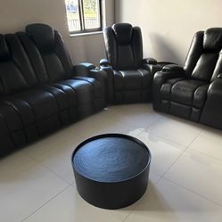 Black Leather Home Theater Reclining Seating + Tables – Excellent Condition