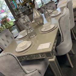 Beautiful 7 Piece Silver Dining Set Brand New In Box Firm Price $1,660 Mirrored Table Grey Velvet Chairs With Faux Crystal Tufted
