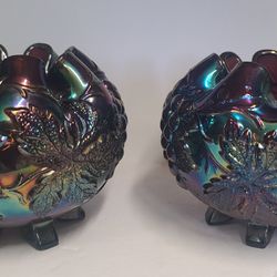 2 Vintage Dugan Amethyst Irradesant Footed Carnival Glass Rose Bowls 