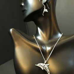 Stylish Sterling Silver Dolphin Pendant Necklace And Matching Earrings