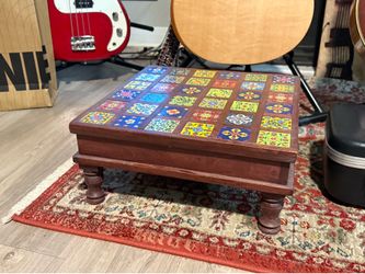 Wood Handmade Top Table Riser Monterrey Style w/36 Colored Tiles. 15"x15"