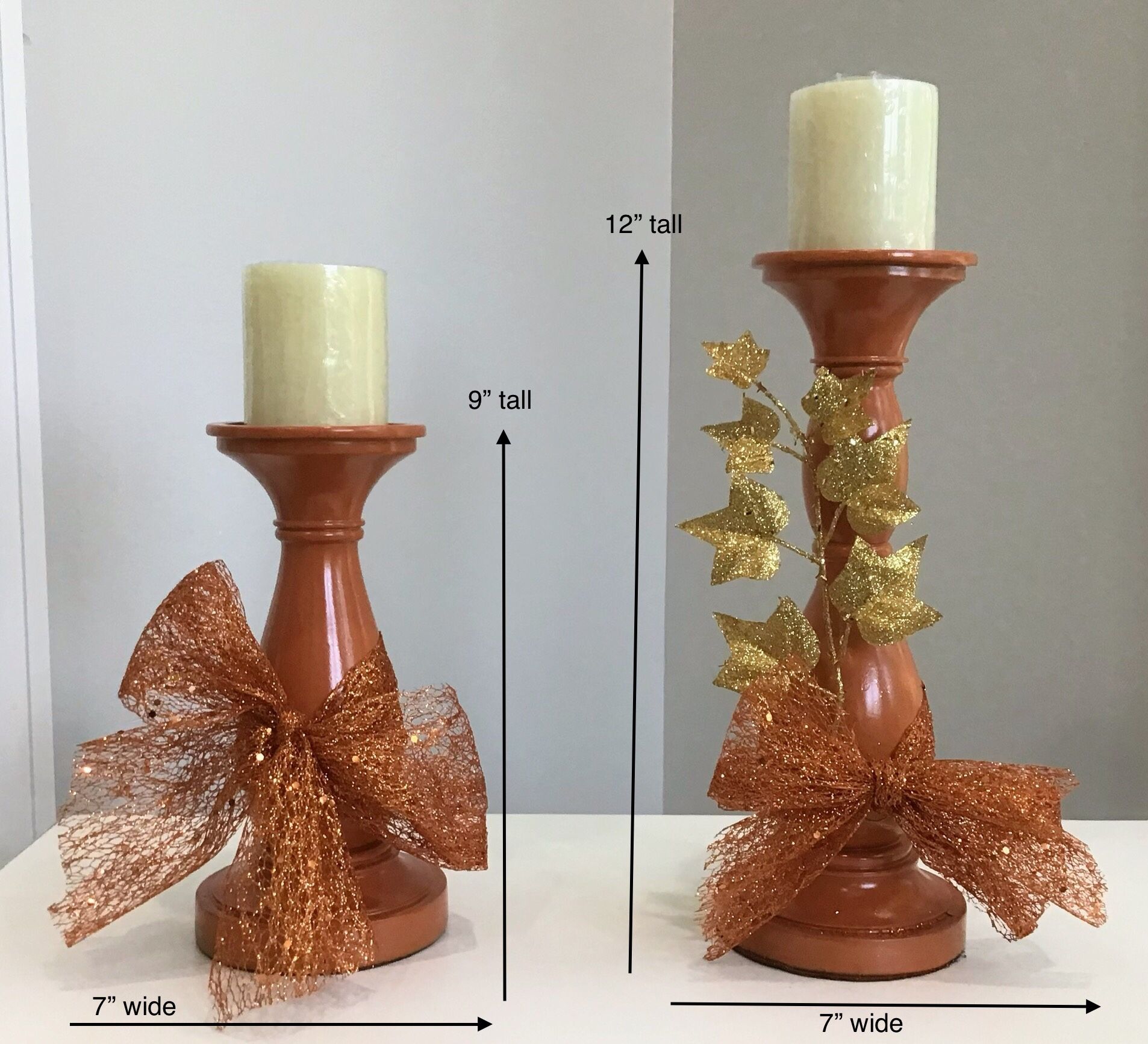 Pair of Custom Painted & Decorated Orange Longaberger Resin Candleholders w/ Vanilla Candles