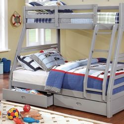 Brand New Grey Twin Over Full Bunk Bed w Trundle Drawers 