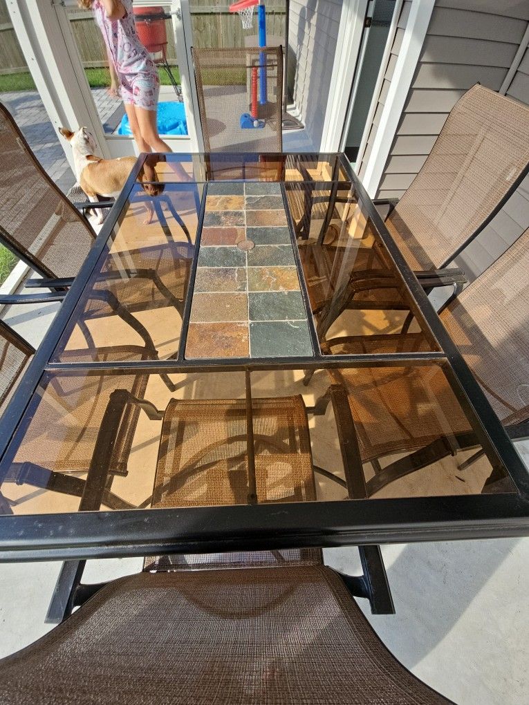 6-Piece Patio Dining Set – Tile & Glass Table + Swivel Chairs

