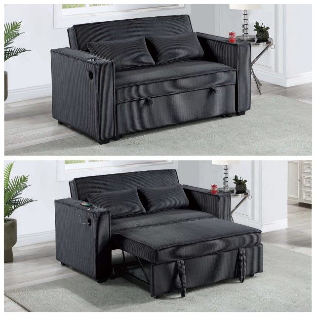Black corduroy loveseat pull out sofa bed with cup holders