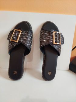 Black Rhinestone Slide Sandals Size 6