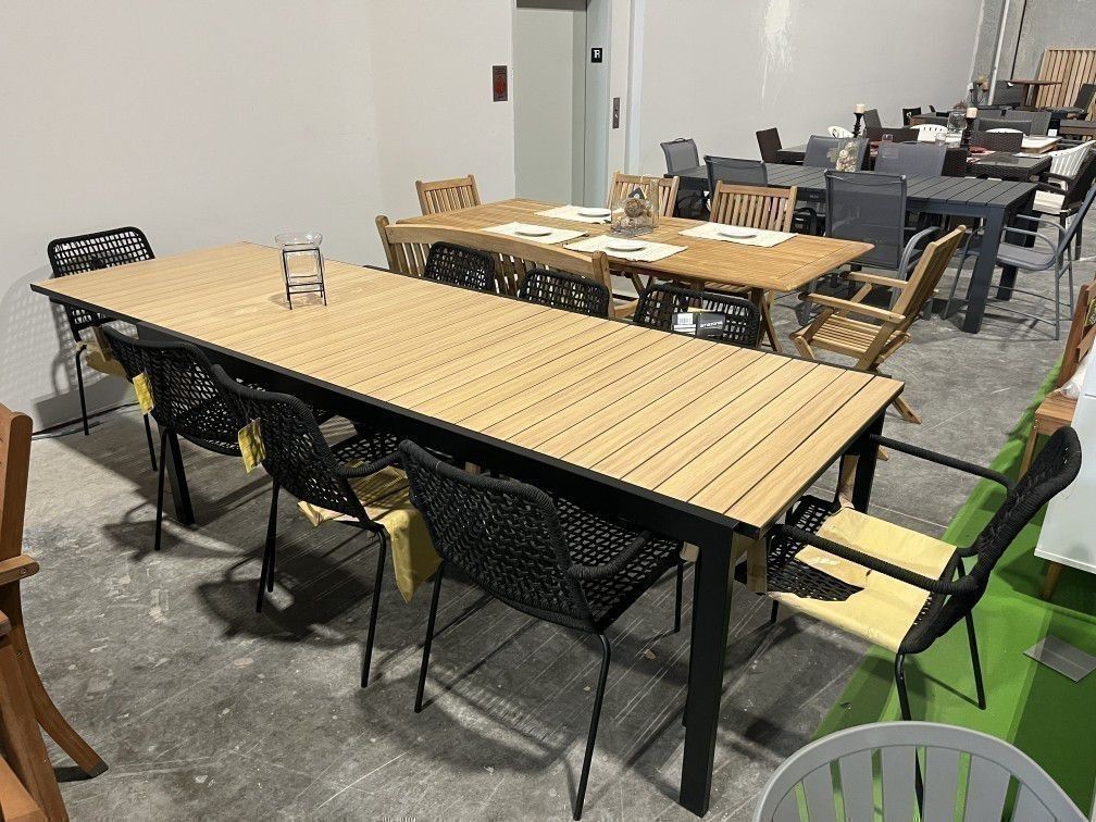 π₯ NEW OPEN BOX | 9-Piece Extendable Outdoor Dining Set | Aluminum + Teak Finish Table | Black Rope Chairs | Closeout Deal