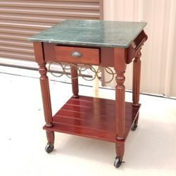 Vintage 2 Tiered Wood and Granite Marble Top Bar Cart