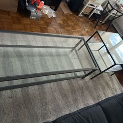 Modern glass coffee table & end table w/ dark grey metal frame $50 for both pieces