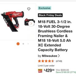 M18 FUEL 3-1/2 in. 18-Voit 30-Degree Brushless Cordless Framing Nailer & M18 18-Volt 5.0 Ah XC Extended Capacity Battery