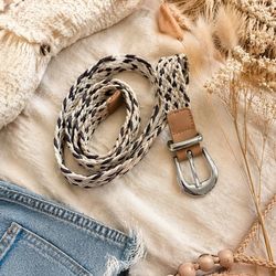 Woven Braided Beige and Black Belt with Silver Buckle