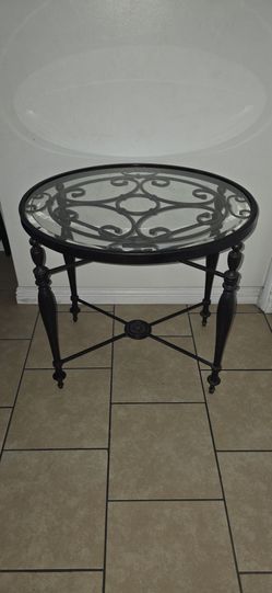 Round Glass Top Iron Scroll End Table