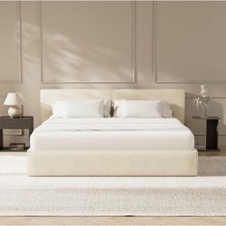 King Upholstered Bed Frame Beige Platform Bed Modern Low Profile Bed