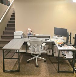 Like New L-Shaped Computer Desk (Grey Wood / Black Metal) - Under 1 Year Old!