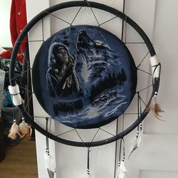 Custom DreamCatcher with wolves,native women and all its original feathers