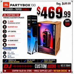JBL PartyBox 130 AI Boosted Bass 15 Hour Rechargeable Battery Bluetooth Speaker LED Lights App Control Tripod Package 🚨 Payment Options Available 🚨 